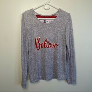BELIEVE Shirt Sleepwear Lounge PJ Top Gray Size Small Stretch Christmas Holiday